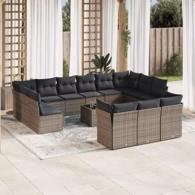 Set di divani da giardino VIDAXL a forma di U in polyrattan grigio con 14 pezzi e cuscini inclusi – 1