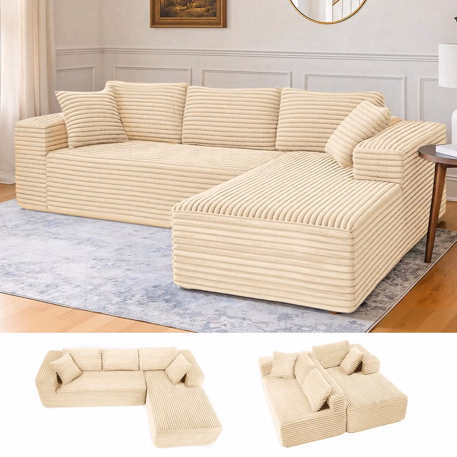 COMHOMASofa Divano grande, divano a L, divano angolare, divano letto chaise longue con seduta profonda e ampi braccioli, tessuto a coste, beige-L