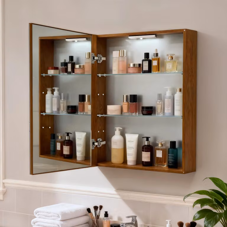 Mobiletto da bagno con specchio - Armadietto a muro per medicinali - Illuminazione LED con sensore di movimento - Porta singola - Struttura in metallo - Cerniere silenziose - 80 x 60 cm - Colore noce
