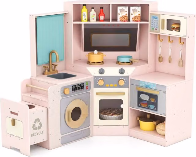 Cucina ad angolo giocattolo Design Mania in legno e plastica con luci, suoni, lavatrice e accessori, colore rosa – 1