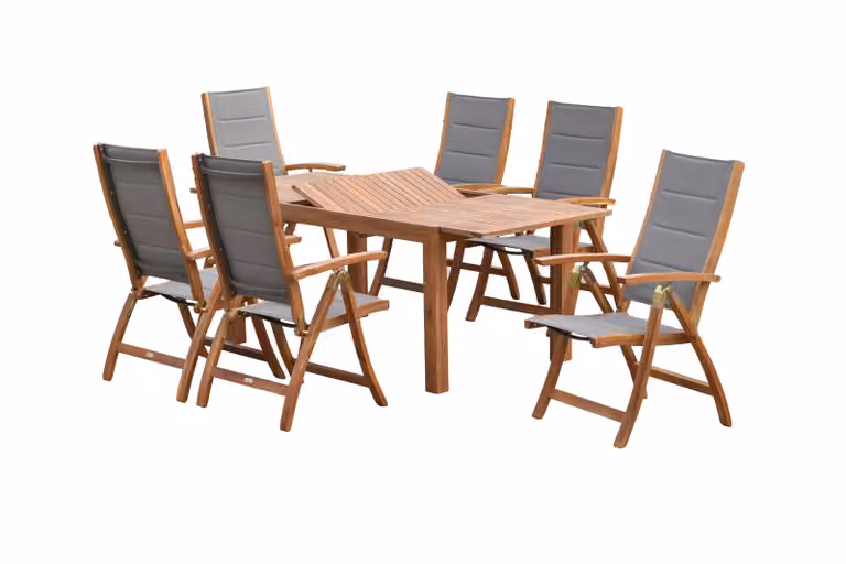 Set di mobili da giardino Merxx Acapulco 7 pezzi, 6 poltrone pieghevoli, tavolo allungabile 150 (200) x 90 cm - Acacia/tessuto