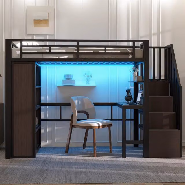 Letto a soppalco singolo moderno in metallo e MDF nero con scrivania, ripiani, illuminazione LED e scala contenitore, L/P/H: 200 x 90 x 169,4 cm