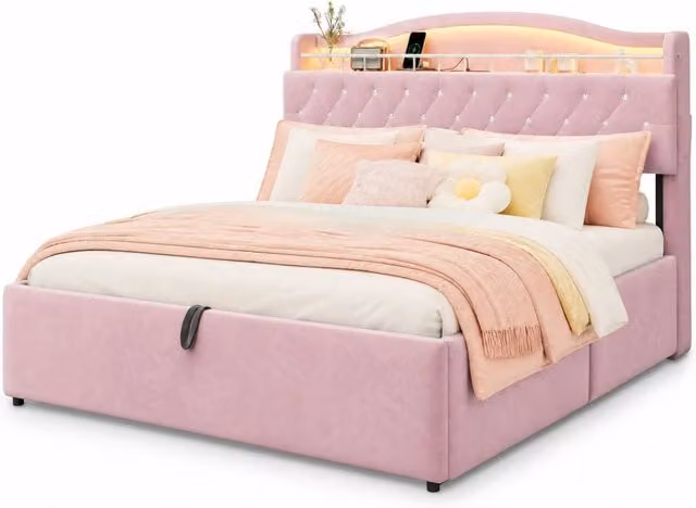 Letto imbottito 180x200 cm con contenitore idraulico, testiera in velluto rosa con LED, porte USB e USB-C, strass decorativi e struttura