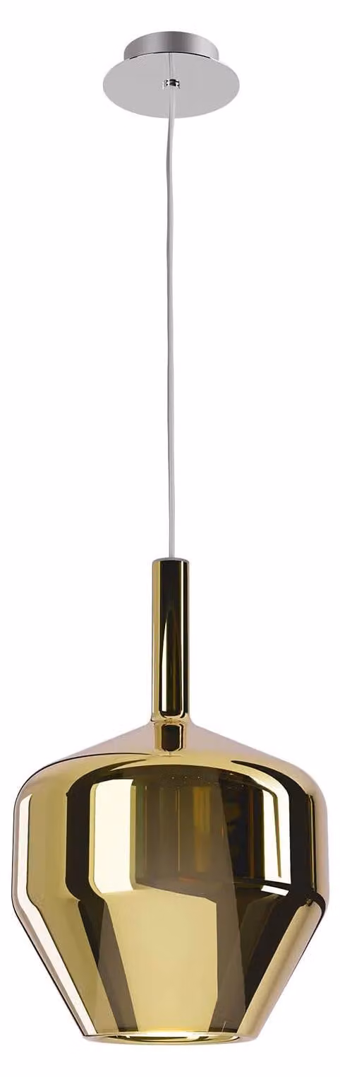 TRESORE SU E27*1, lampada a sospensione, forma circolare, diametro 20, altezza 280 cm, finitura cromo lucido/oro, vetro dorato