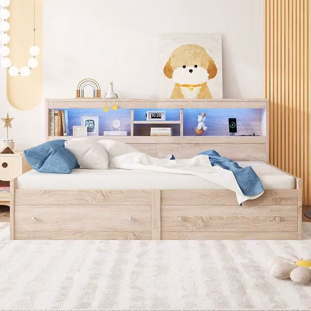 Letto a giorno con USB - Xylo - 90x200 cm - Naturale - 2 cassetti