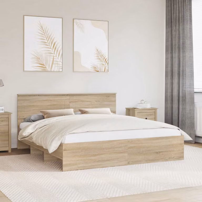 Struttura del letto con testiera vidaXL in legno Rovere Sonoma, colore marrone, 200 x 200 cm