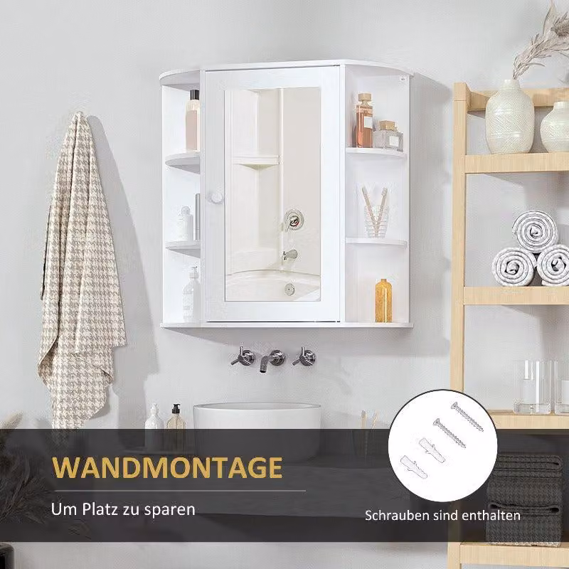 Mobiletto da bagno con specchio – Armadietto per medicinali con porta – 8 ripiani – Mobile da parete resistente all'umidità – Bianco