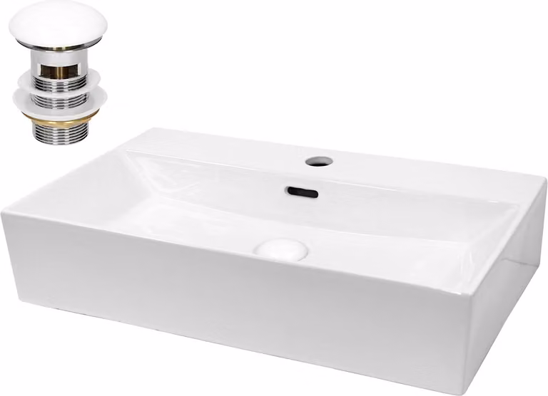 LuxeBath Lavabo Lavabo da appoggio Square, 60,5x36,5x13 cm, bianco, in Vetroceramica, incl. set di scarico con troppopieno