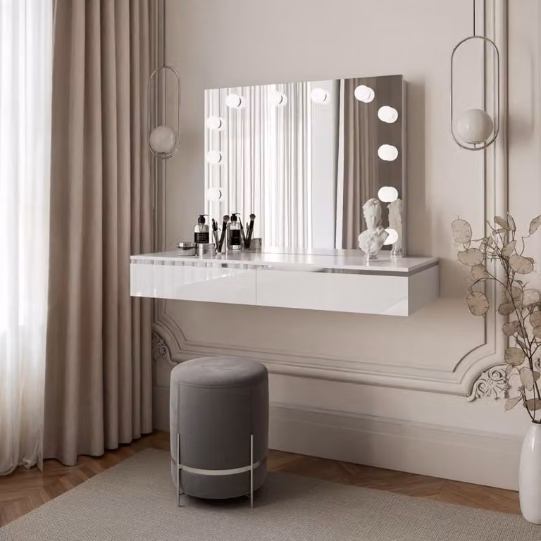 Tavolo da toeletta sospeso AURORA SILVER ELITE con specchio bianco lucido