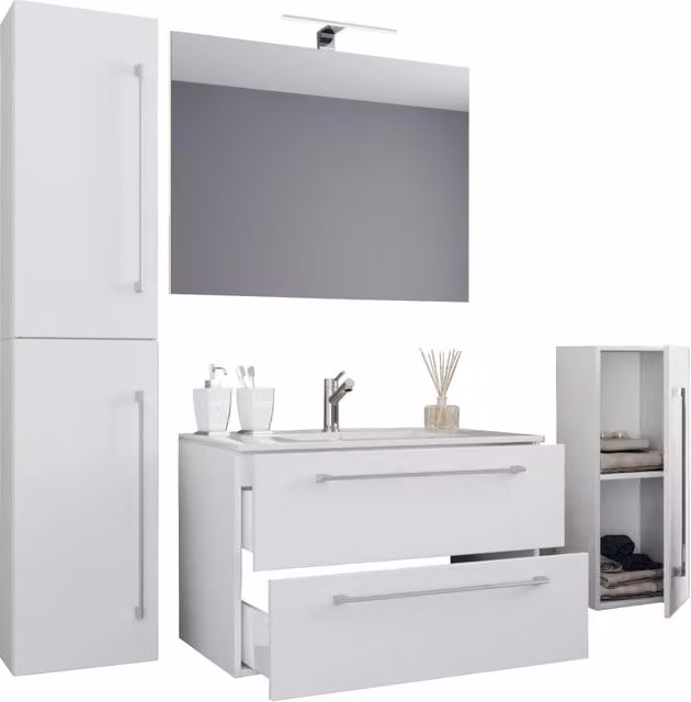Set completo bagno EZOOZA 5 pezzi moderno bianco con mobile sospeso a 2 cassetti, lavabo in ceramica, colonna e specchio con illuminazione LED