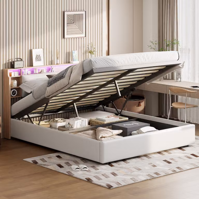 Letto matrimoniale imbottito (160 x 200 cm) con illuminazione a LED, vano contenitore, rivestimento funzionale in ecopelle, bianco