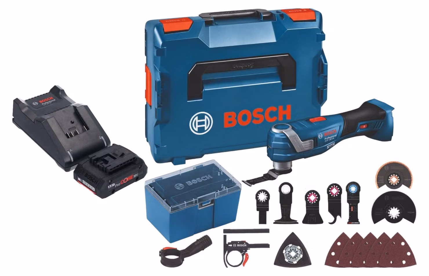 Bosch GOP 18V-34 Multi Cutter professionale a batteria 18 V Starlock Plus + 1x batteria ProCore 4,0 Ah + caricatore + 17 accessori + L-Boxx