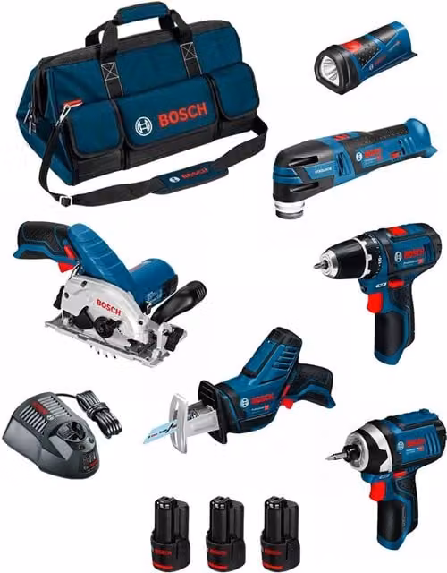Kit utensili elettrici Bosch BMKB6-28AD3 blu con avvitatore, trapano, seghetto, levigatrice, seghetto alternativo, torcia e 3 batterie da 2,0Ah