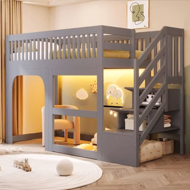 Letto a soppalco singolo WISHDOR per bambini in legno e MDF con scala contenitore, illuminazione LED e scomparti laterali, grigio, H 253.5 x L 90 x P 200 cm