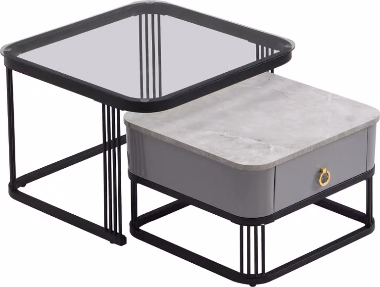 Set di 2 tavolini Fortuna Lai, piano in marmo e vetro, accenti dorati, con 1 cassetto, nero