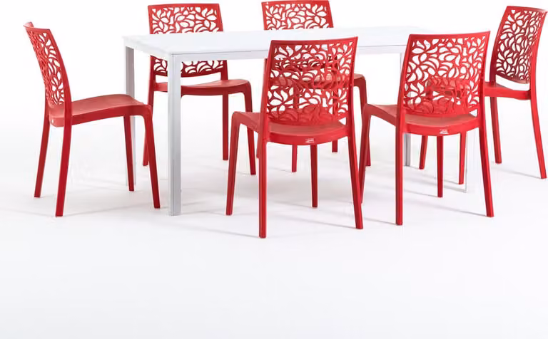 Set da pranzo per esterni con tavolo rettangolare 156x78 cm e 6 sedie impilabili in resina rinforzata con fibra di vetro - design moderno in look legno, ideale per giardino, terrazza e aree esterne coperte - THOMAS+ANNA - Rosso/Bianco