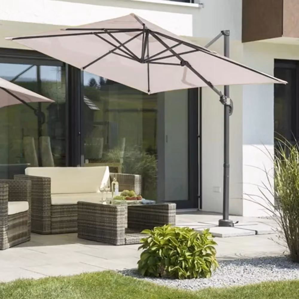Ombrellone da giardino decentrato Bakaji in alluminio con copertura in poliestere rivestito in PVC, inclinabile e girevole, colore beige, L/P/H: 300 x 300 x 270 cm – 2