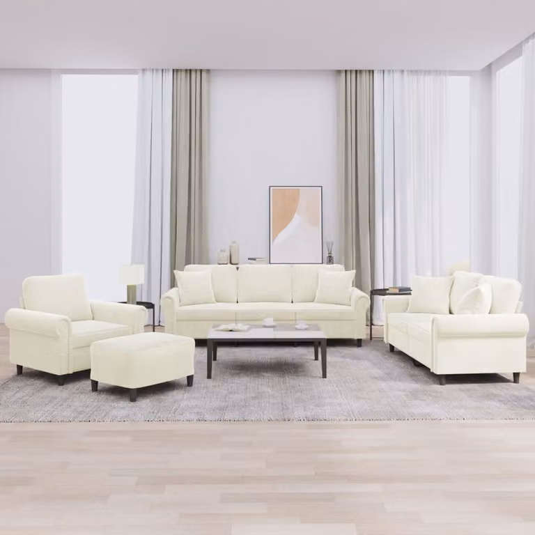 Set di divani 4 pezzi vidaXL in velluto beige con pouf e cuscini per soggiorno moderno