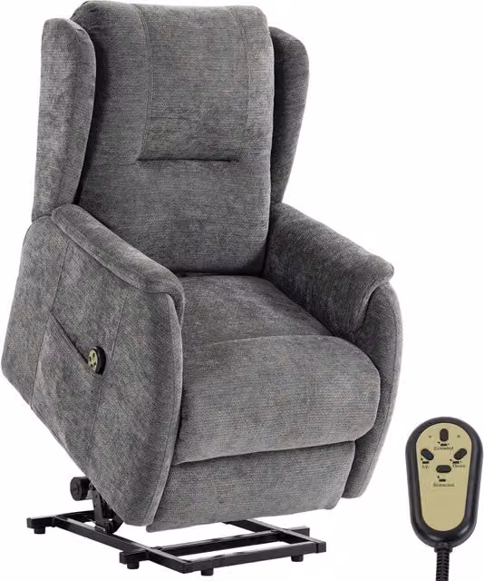 Poltrona TV relax per anziani con supporto per alzarsi, doppio motore, telecomando, tasche laterali, effetto chenille, grigio scuro