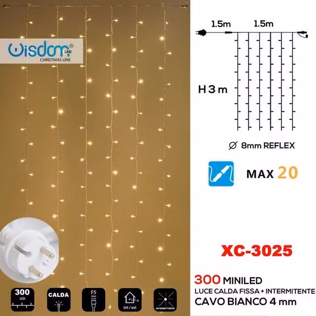 Tenda Luminosa Natalizia Trade Shop con 300 Led, Luce Calda Fissa e Bianca Intermittente, Modello Xc-3025