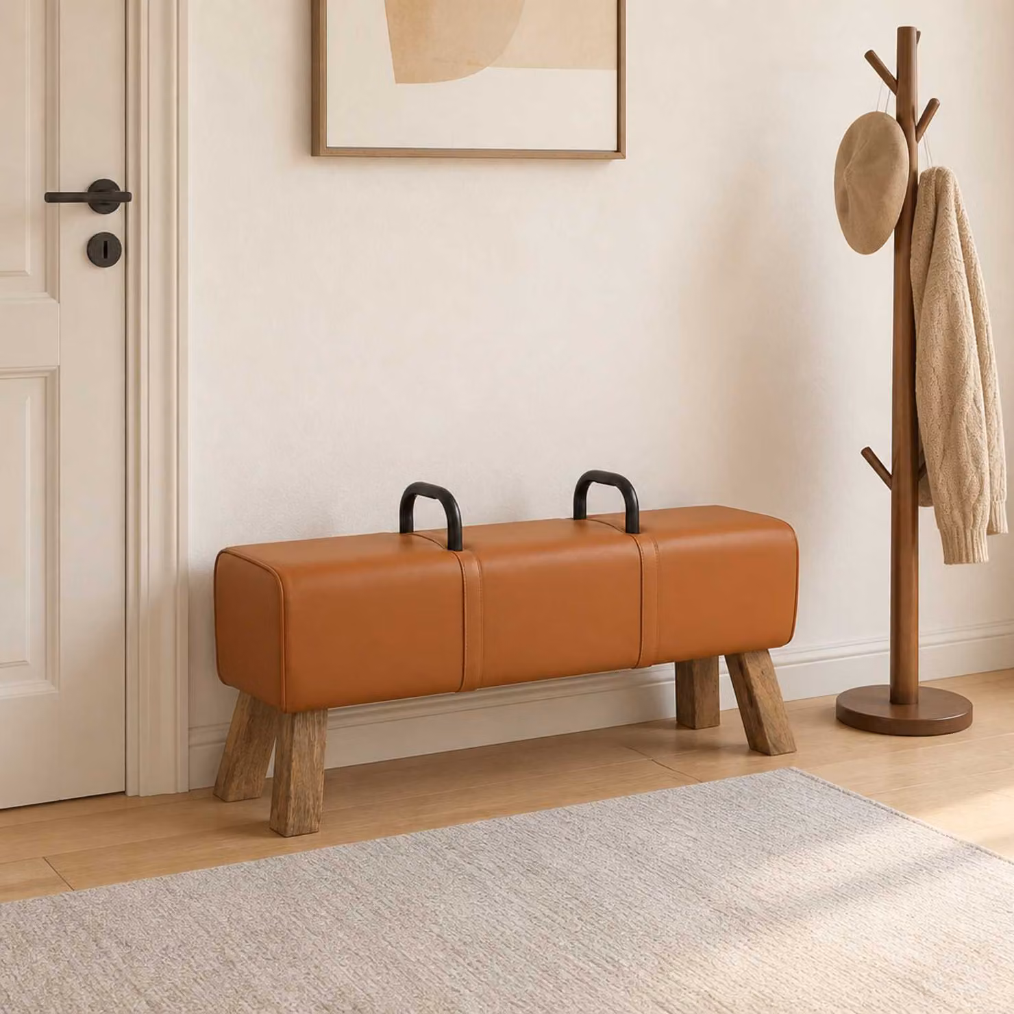 Panchina moderna vidaXL in pelle e legno color mango, L: 110 cm, P: 30 cm, H: 45 cm