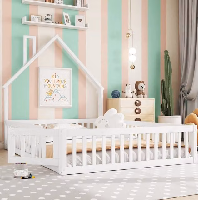 Letto per bambini 140x200 cm; forma camino; legno; bianco (Senza materasso)