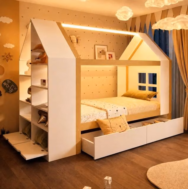 Letto a casetta in legno 90x200 cm bianco con LED e contenitori, senza materasso –