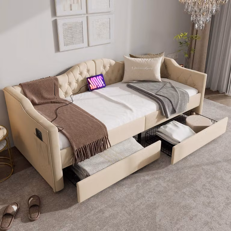 Divano letto - Divano trasformabile - Divano letto per ospiti - Divano letto con contenitore - Divano letto in velluto beige, 90x200 cm