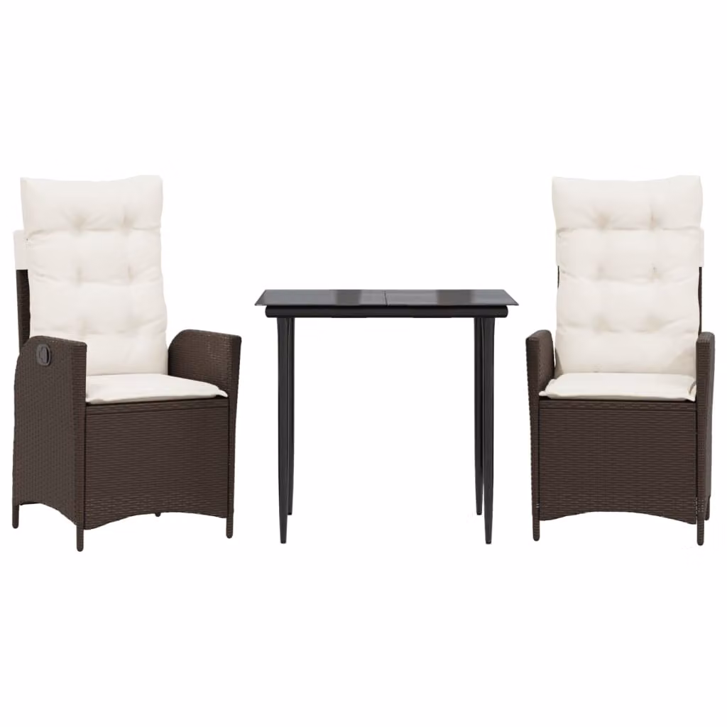 Set da Pranzo da Giardino 3pz con Cuscini in Polyrattan Marrone