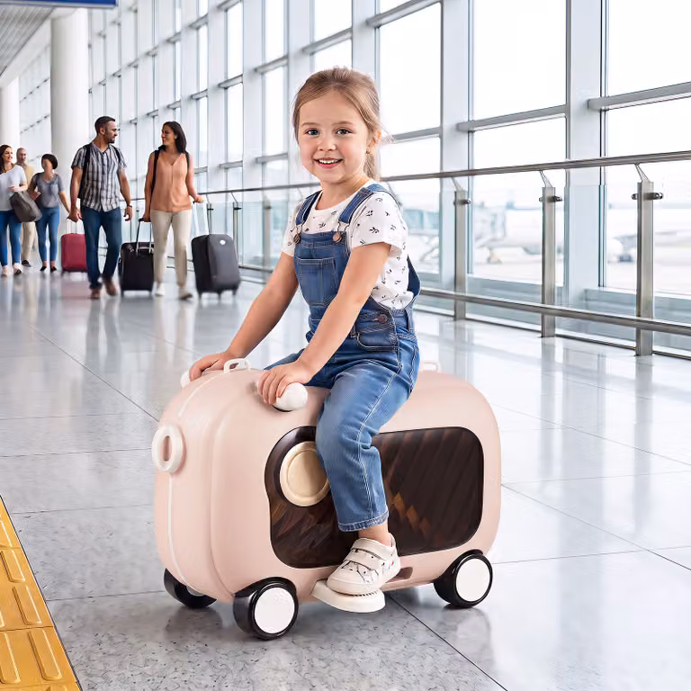 Valigia cavalcabile 2 in 1 Costway con ruote, pedali pieghevoli e tracolla rimovibile per bambini, Rosa