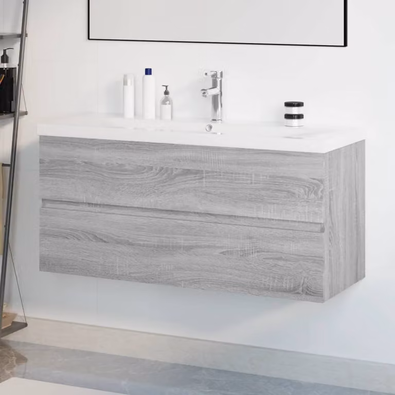 Mobile bagno con lavabo integrato vidaXL moderno in legno e MDF Grigio Sonoma e Bianco con ante e cassetti, sospeso, L: 100 cm, P: 45 cm, H: 38,5 cm