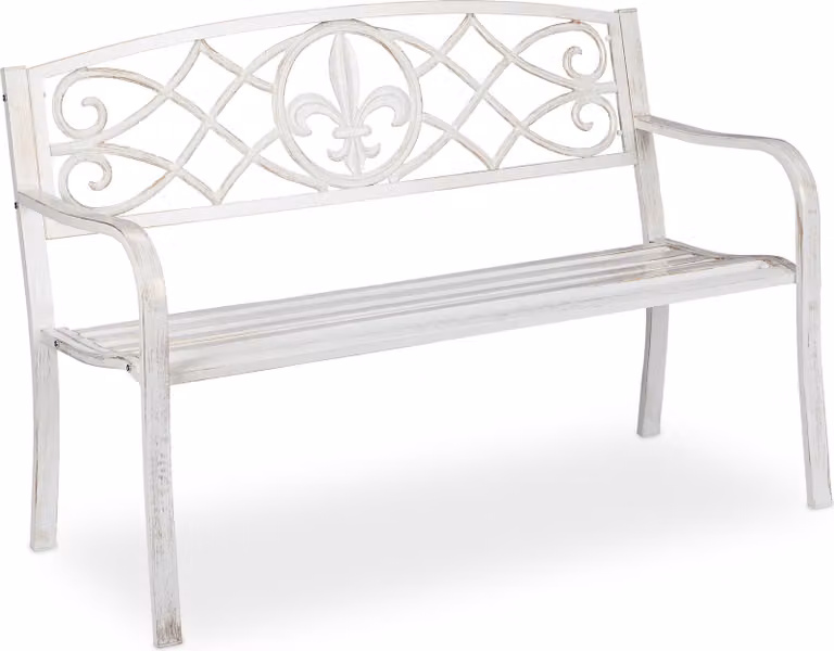 Panchina da giardino Relaxdays, robusta panchina da parco in metallo, panca con schienale in ghisa per esterni, 86x127x57 cm, bianco/bronzo