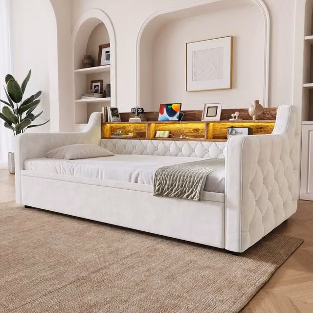 divano letto velluto beige 90 x 190 cm