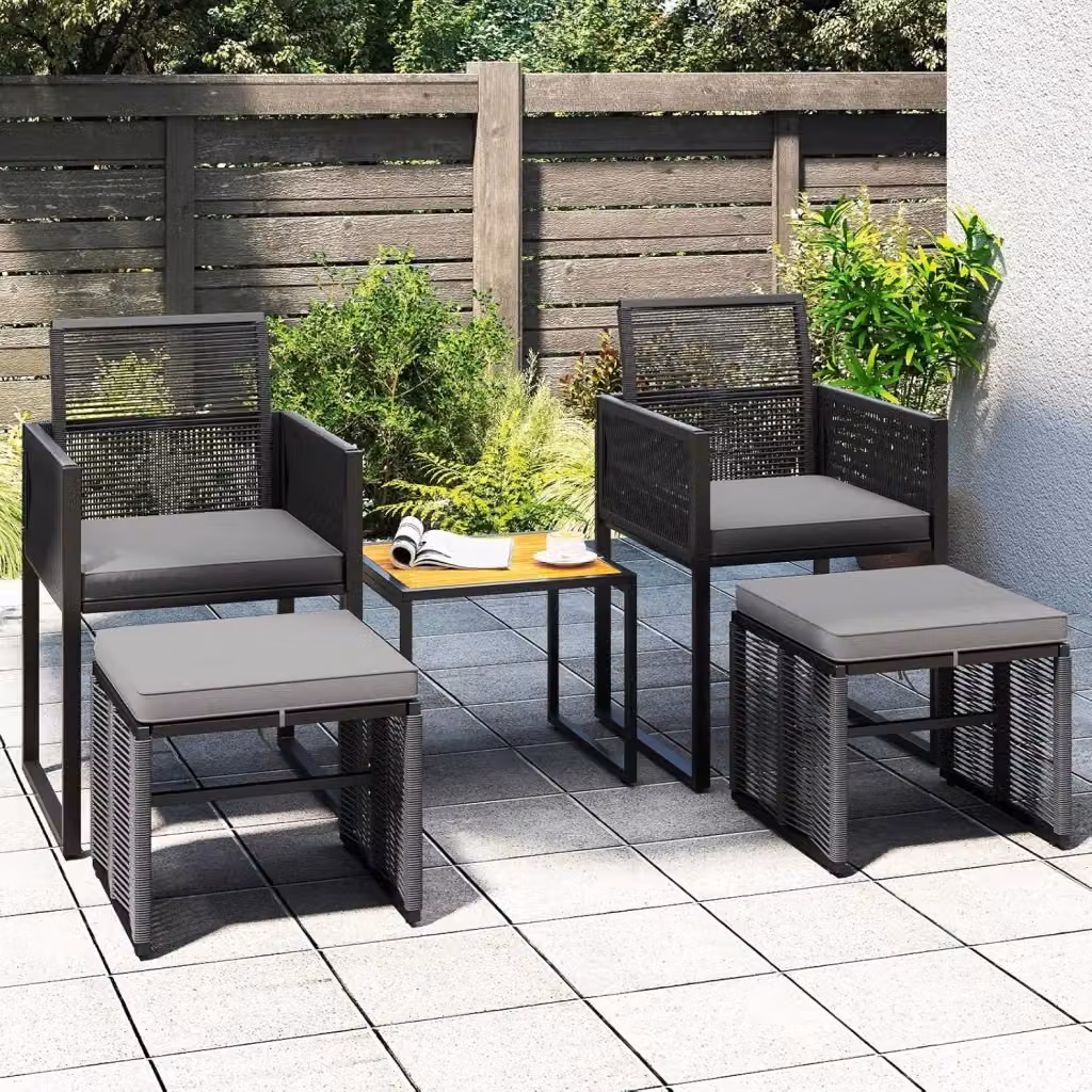 Set da esterno Costway in rattan PE composto da 5 pezzi con poltrone lounge, poggiapiedi, tavolino da caffè e cuscini imbottiti, disponibile in nero o grigio – 2