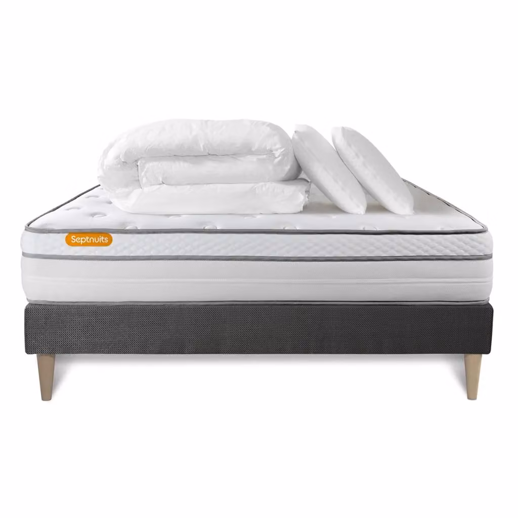 Set letto completo Septnuits Memo Luxe grigio con materasso a molle insacchettate, box spring, doghe, 2 cuscini e piumino, L/P: 200 x 200 cm – 2