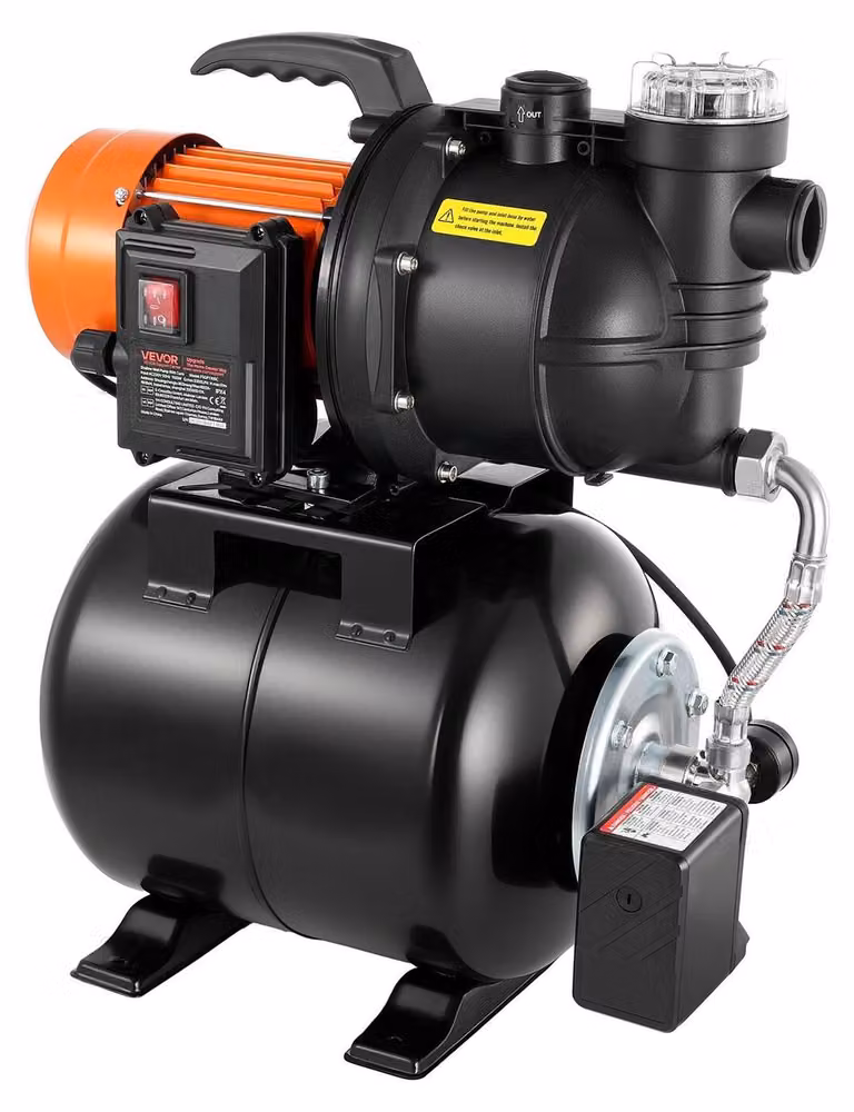 Pompa per pozzi poco profondi da 735 W con serbatoio a pressione, 3785 l/h, pompa a getto per irrigazione con serbatoio da 19 l, filtro, valvola di ritegno, sistema di aumento pressione automatico, pressostato da 1,4-2,8 bar, per giardino domestico