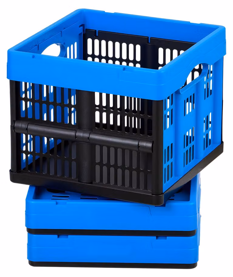 Set di 3 contenitori pieghevoli SucceBuy da 25 L, contenitori pieghevoli in plastica, cestini impilabili con manici, portata massima di 10 kg per contenitore, pratici contenitori pieghevoli per l'organizzazione della casa, blu e nero
