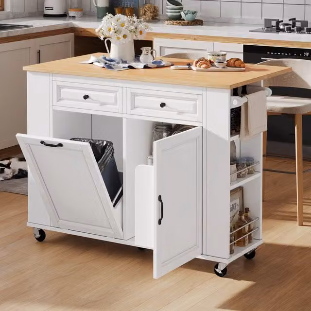 Carrello da cucina moderno OKWISH con 2 ante, ripiano regolabile, porta rifiuti e prese, su ruote, bianco opaco, L: 120 cm, P: 60 cm, H: 92 cm – 1