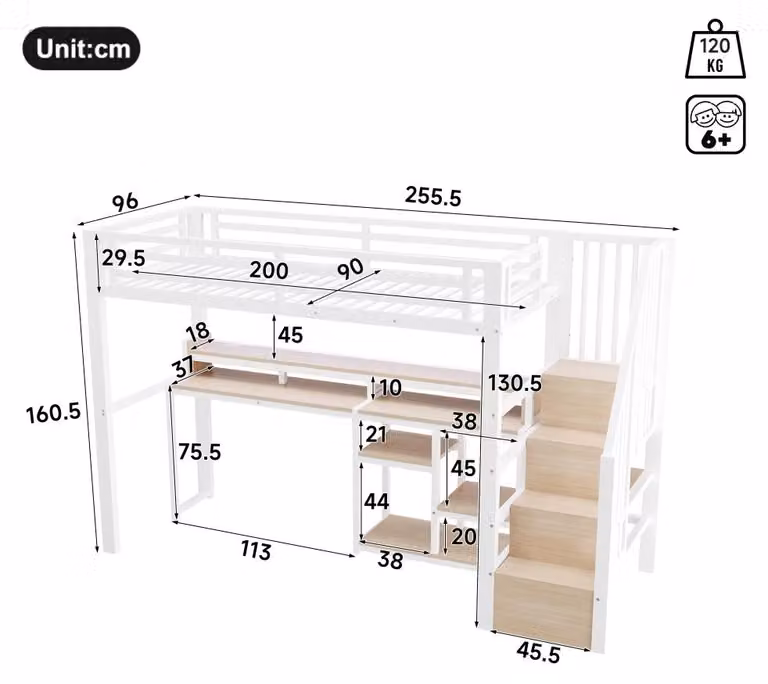 Letto a soppalco - Struttura in metallo - 90 x 200 cm - Armadio integrato e spazio contenitivo - Salvaspazio - Bianco - Senza materasso