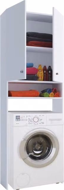 Mobile Coprilavatrice Ezooza Bianco Opaco con Ripiani e Ante - H 182 x L 64 x P 27 cm - Soluzione Salvaspazio per Lavanderia e Bagno