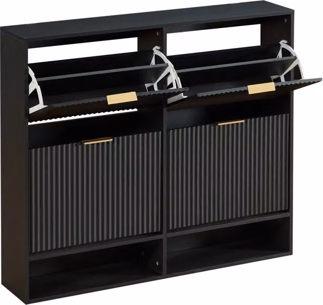 Scarpiera moderna da parete con 2 ante a ribalta e ripiano aperto in MDF nero L: 120 cm, P: 24 cm, H: 102 cm – 1
