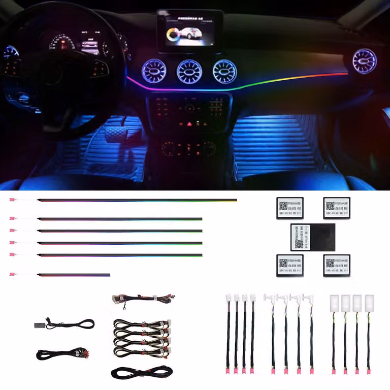 Illuminazione interna per auto, 18 funzioni in 1, con strisce LED RGB e fibra ottica in acrilico, controllabili tramite app e con sincronizzazione musicale