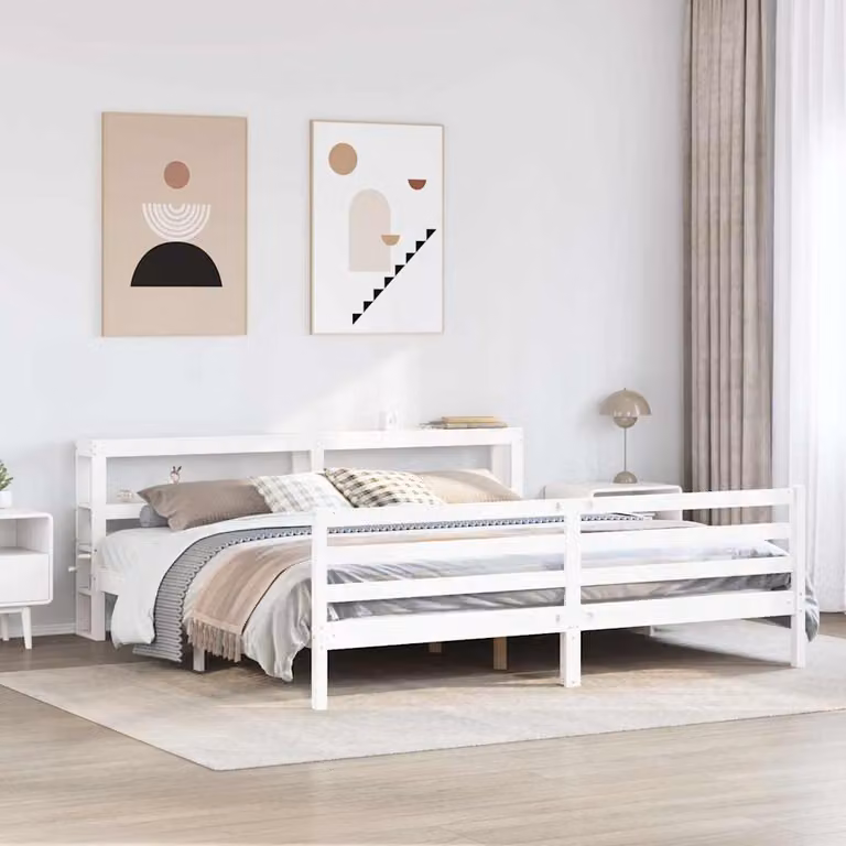 vidaXL Letto in legno di pino massello bianco con ripiani laterali L/P/H: 200 x 151 x 206 cm
