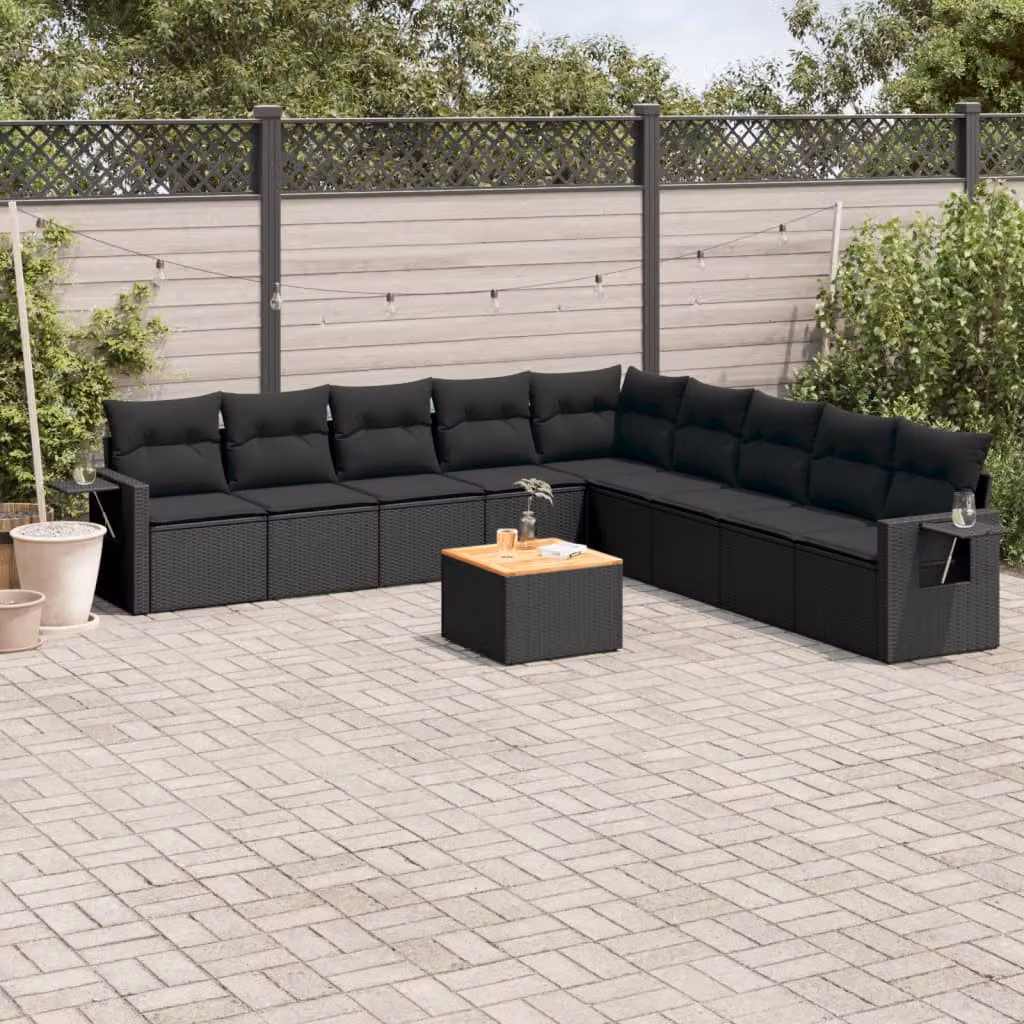 vidaXL Set Divani da Giardino a L 10pz in Polyrattan Nero con Cuscini e Tavolino da Esterno – 1