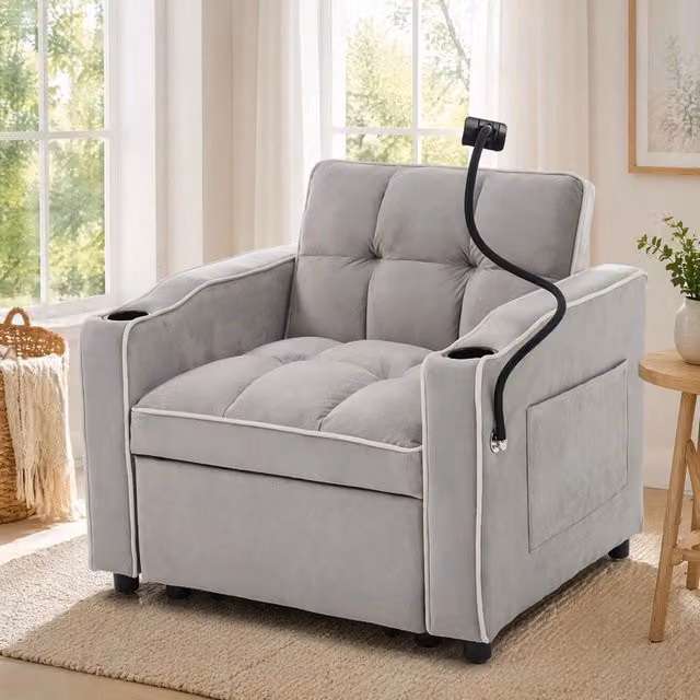 Poltrona letto estraibile ULEVR 3 in 1 83x167x76 cm, schienale regolabile, 2 portabevande, grigio