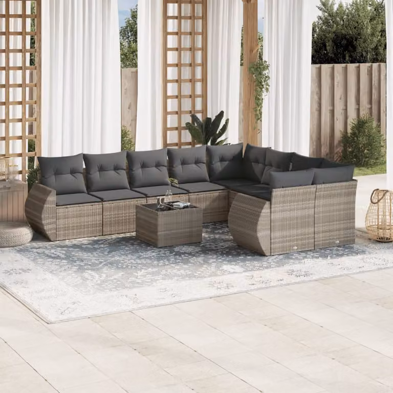 vidaXL Set Divano da Giardino 10 Pezzi a Forma di U in Polyrattan Grigio con Cuscini e Tavolino da Caffè
