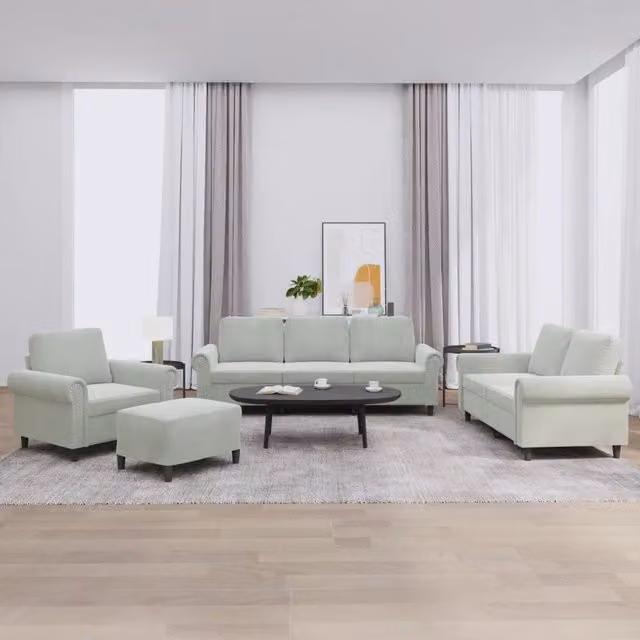 Set di divani 4 pezzi vidaXL in velluto grigio con cuscini e pouf per soggiorno – 1