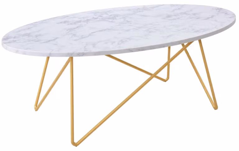 Tavolino da salotto - Tavolino ovale - Piano effetto marmo - Gambe in metallo color oro - 120x60x41 cm - Stile moderno e minimalista - Bianco/oro