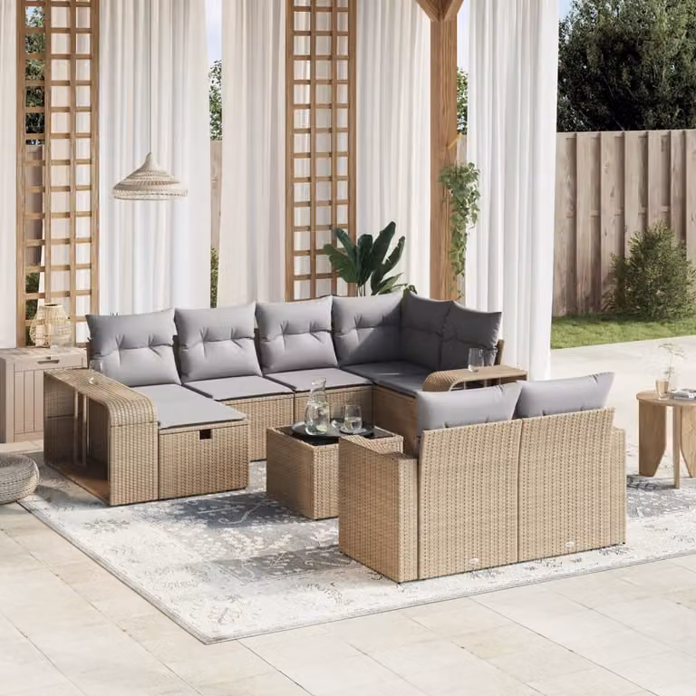 Set di divani da giardino vidaXL 11 pz a forma di U con cuscini beige e tavolino in vetro e struttura in metallo e rattan