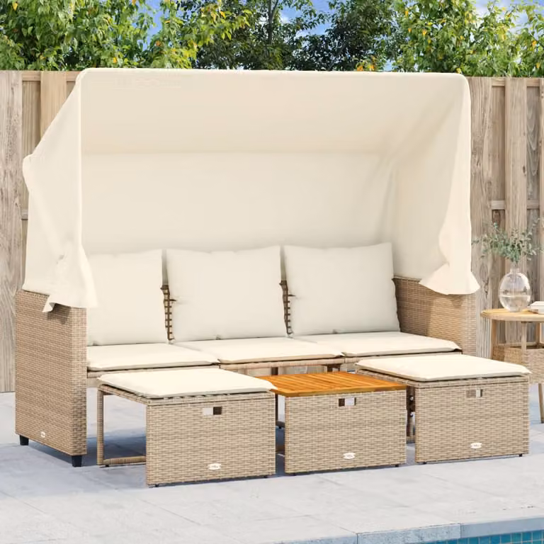 Set da giardino vidaXL con divano a 3 posti, baldacchino, tavolino e pouf in rattan e metallo, beige